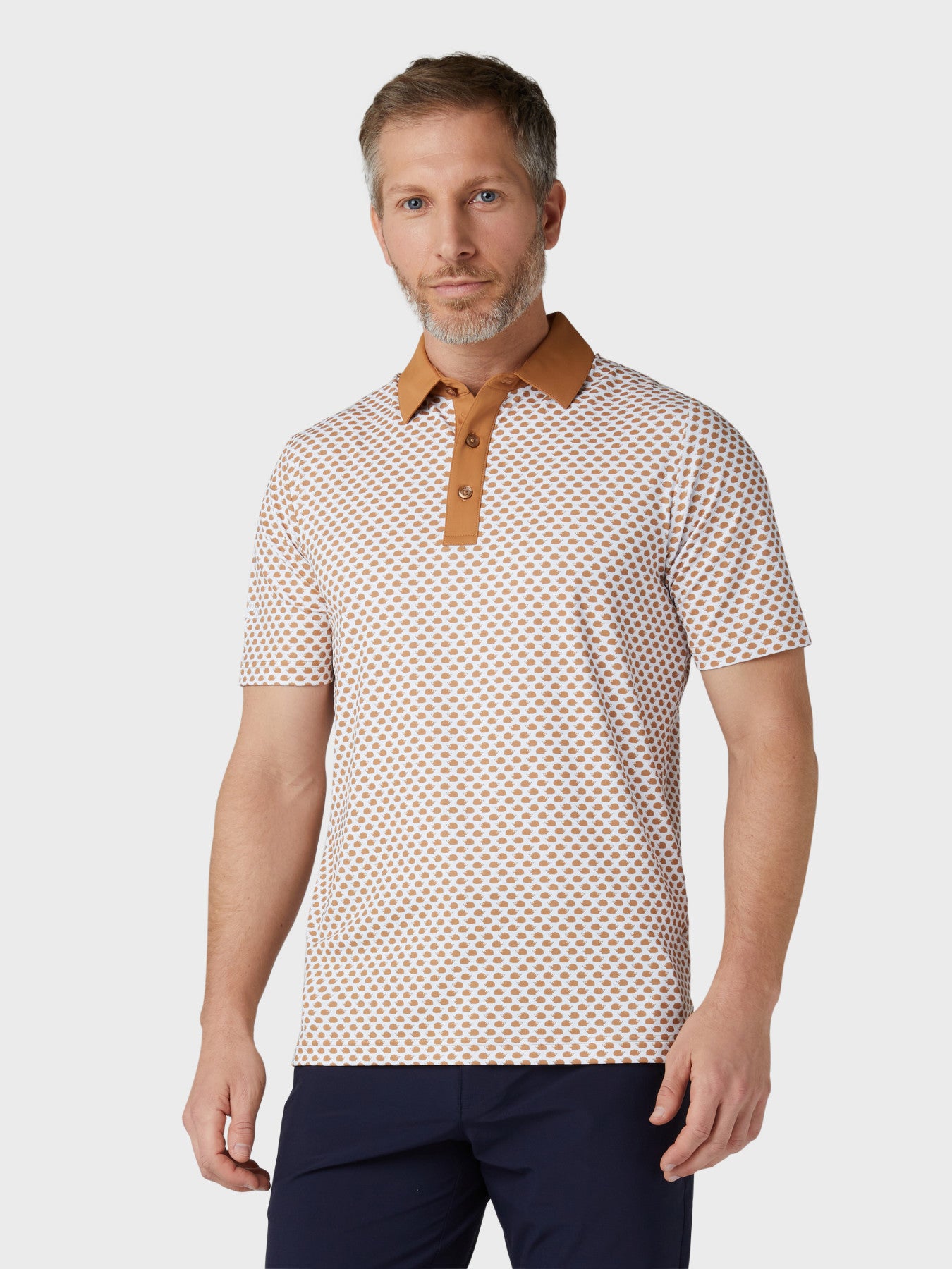 View Mens Hedgehog Geo Print Polo In Tobacco Brown information