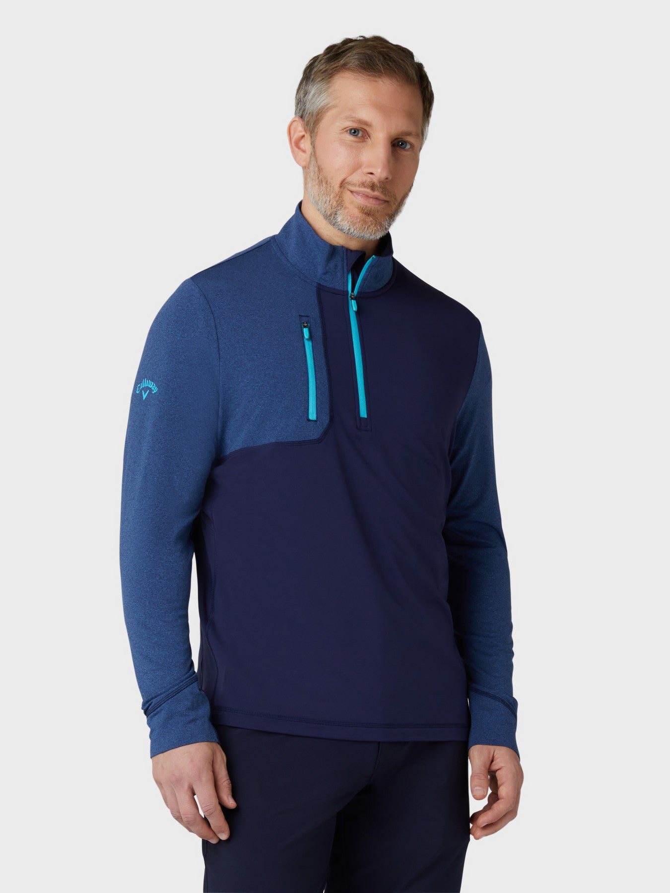 View Mens Aquapel Quarter Zip Mixed Media Sweatshirt In Peacoat information