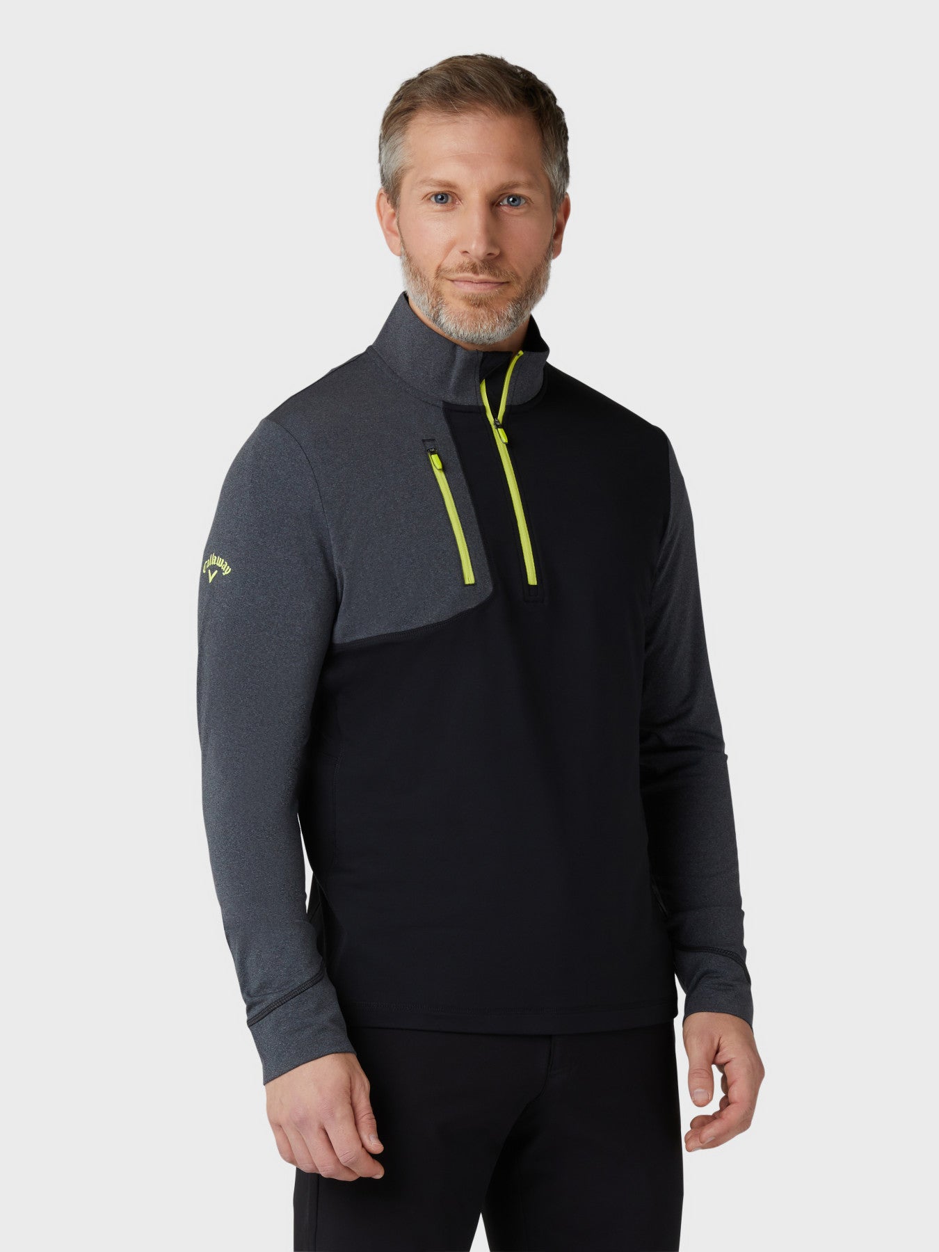 View Mens Aquapel Quarter Zip Mixed Media Sweatshirt In Caviar information