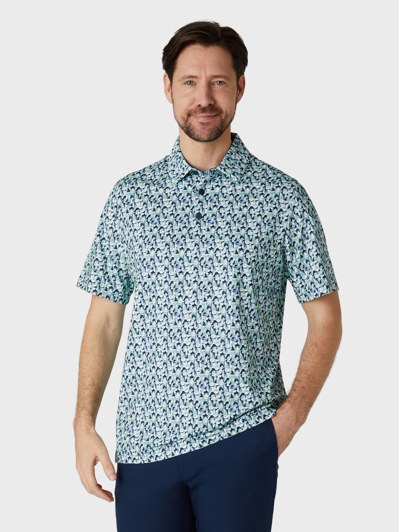 View Short Sleeve All Over Abstract Golf Ball Print Polo Shirt In Peacoat information