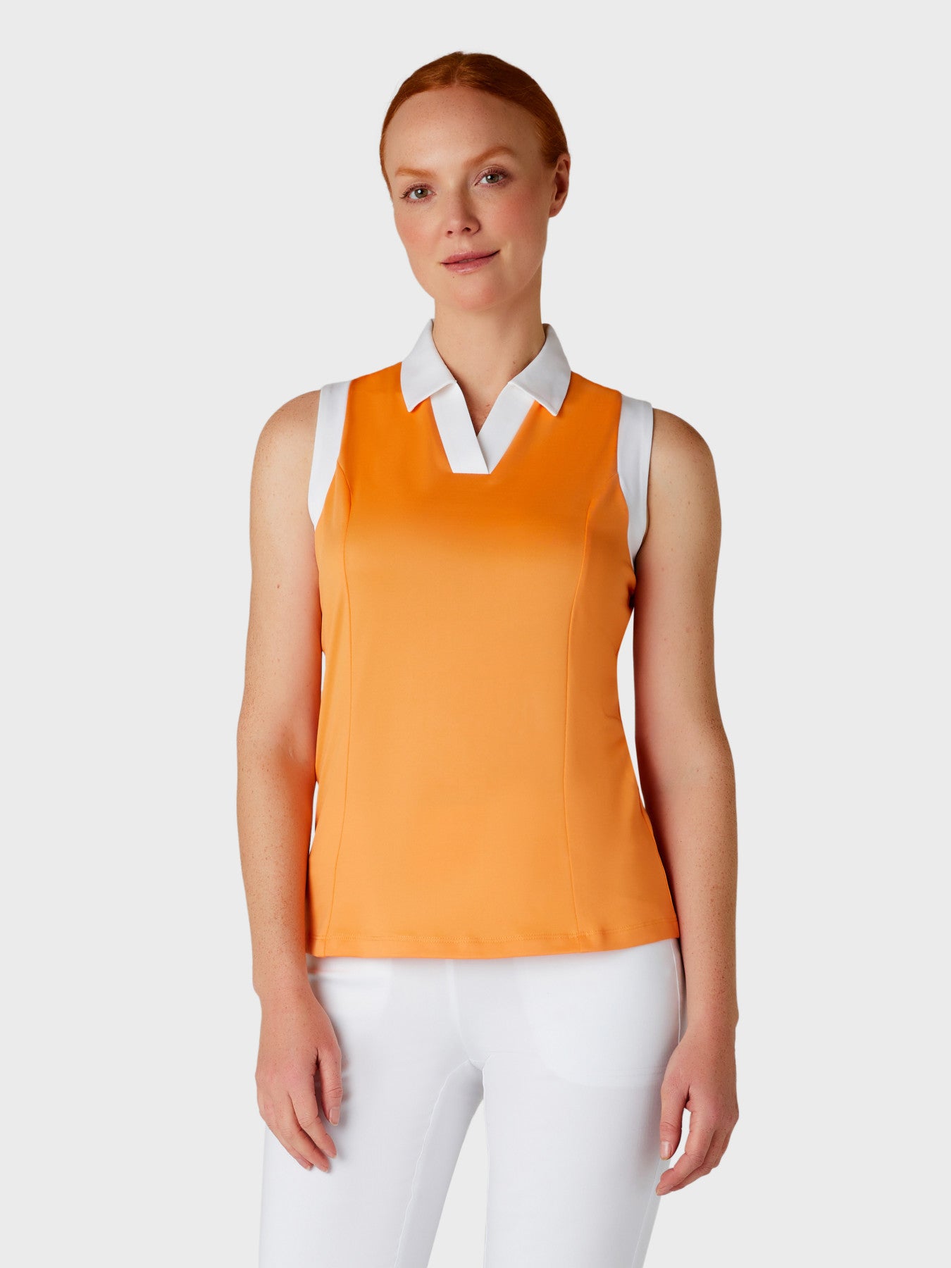 View Womens Color Block VPlacket Sleeveless Golf Polo Shirt In Papaya information