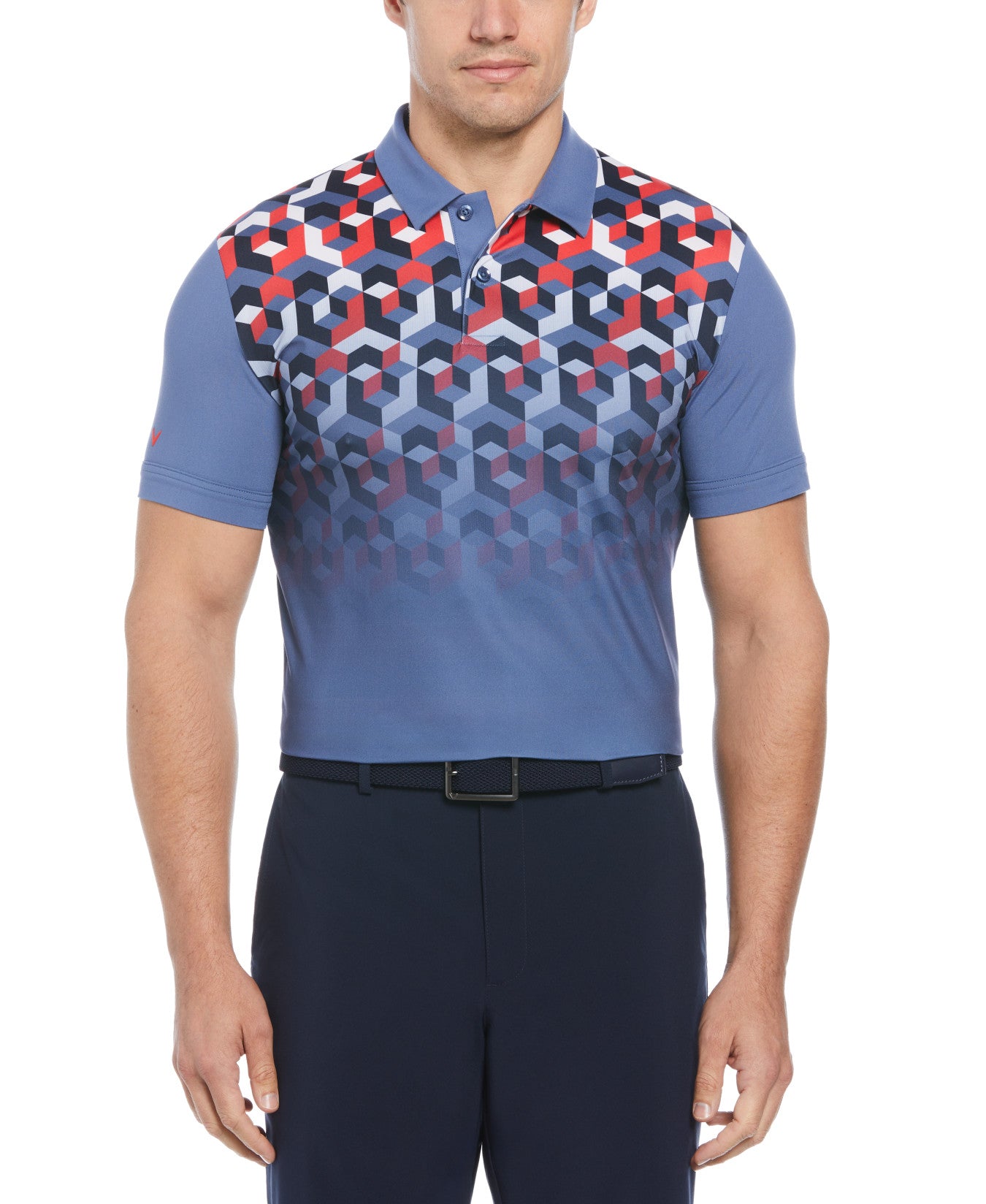 View Short Sleeve Ombre 3D Chev Geo Print Polo Shirt In Bijou Blue information