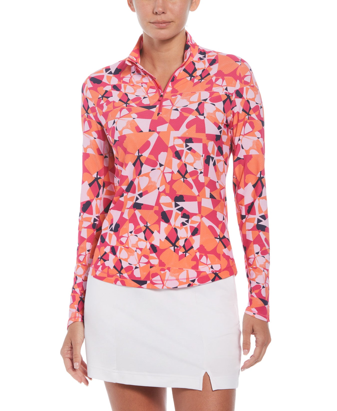 View Womens Geometric Floral Print Golf Shirt In Pink Peacock information