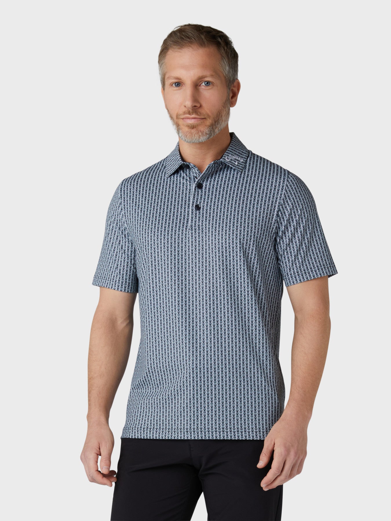 View Mens Chev And Ball All Over Print Polo In Caviar information