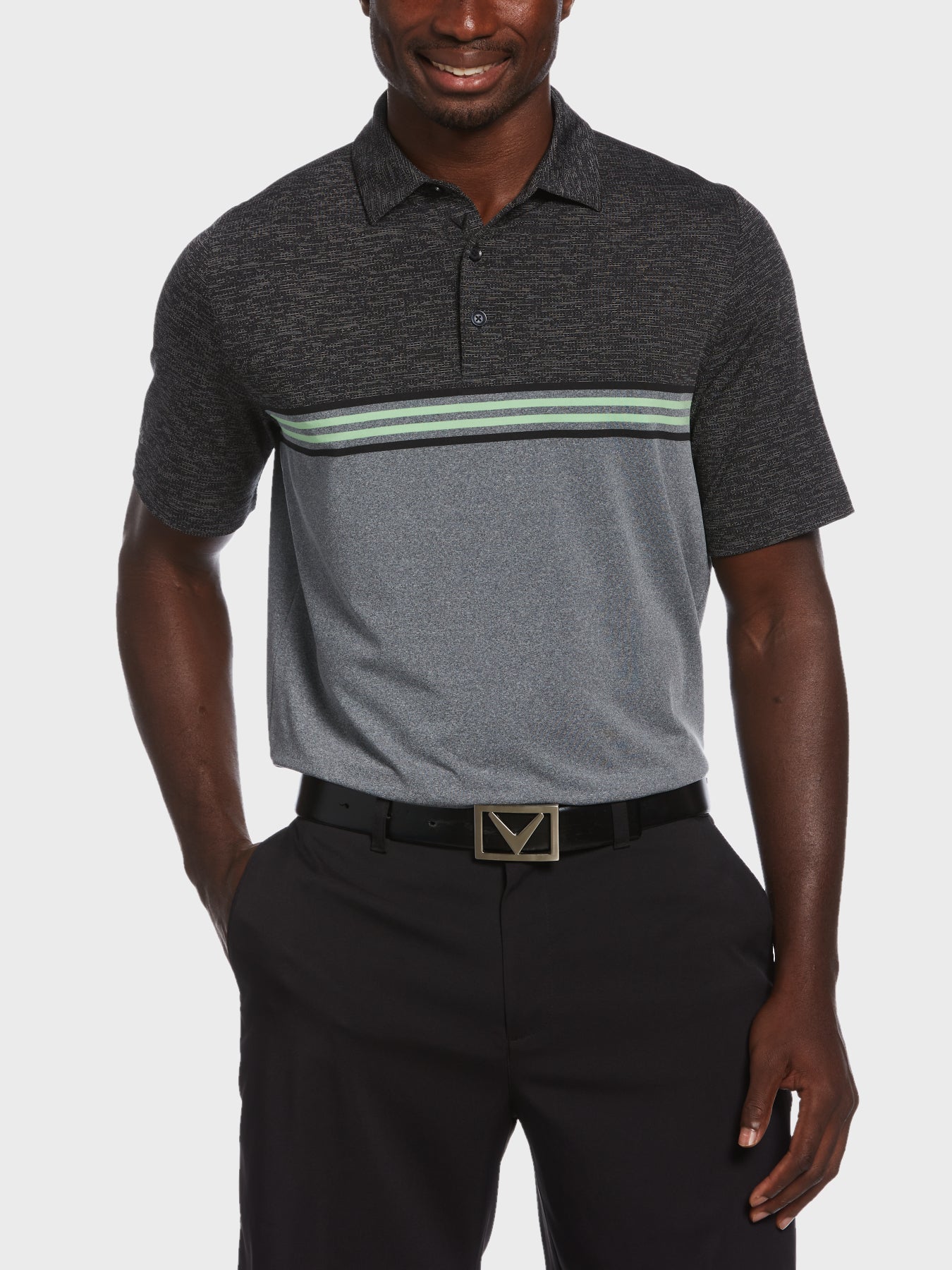 View Heathered Chest Stripe Polo In Caviar Heather Caviar Heather XXXL information