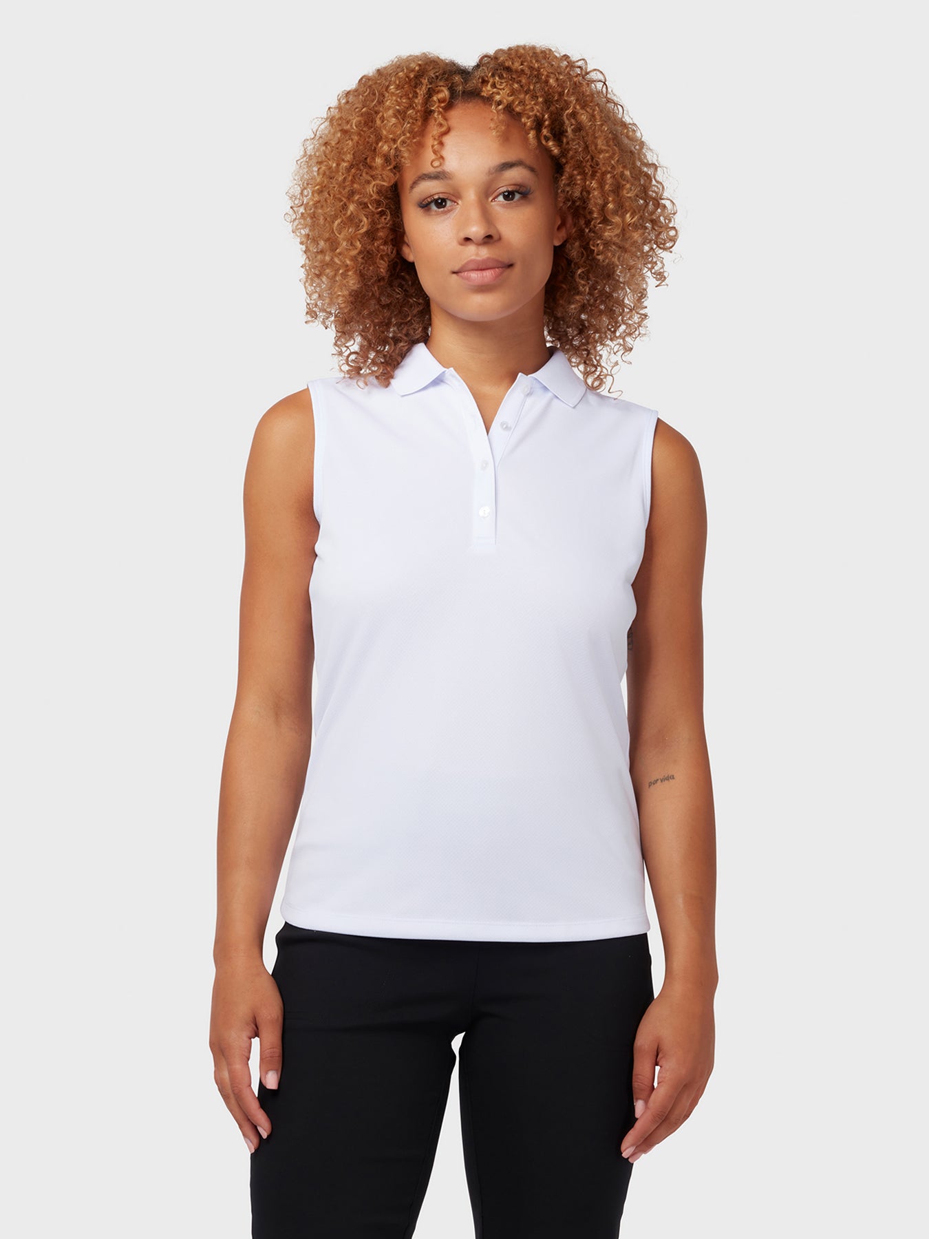 View Womens Sleeveless Solid Knit Polo In Brilliant White Brilliant White XS information