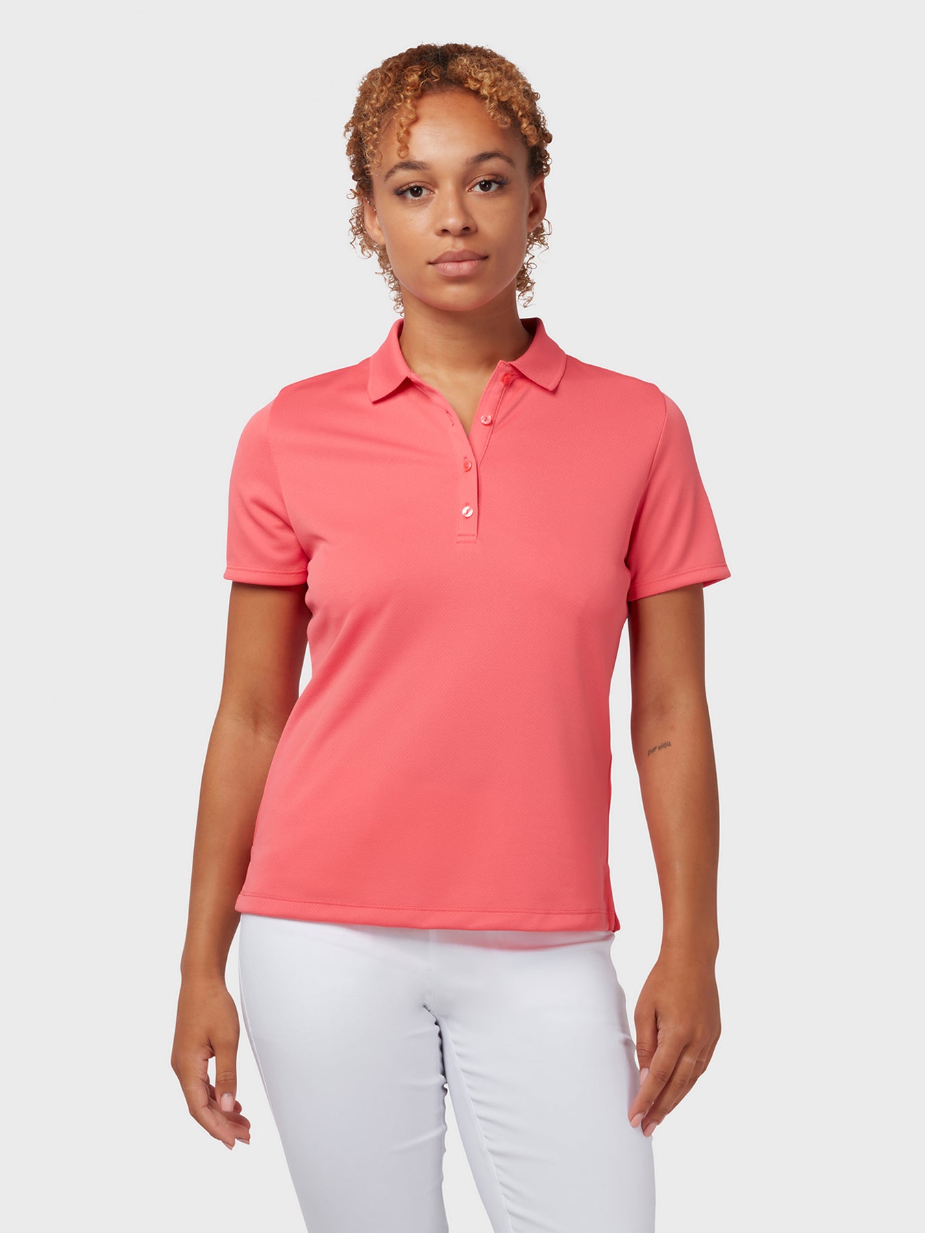 View Swing Tech Womens Polo In Coral Paradise Coral Paradise L information