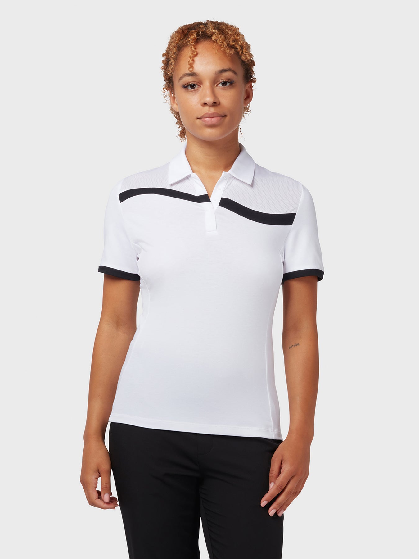 View Colour Block Womens Polo In Brilliant White information