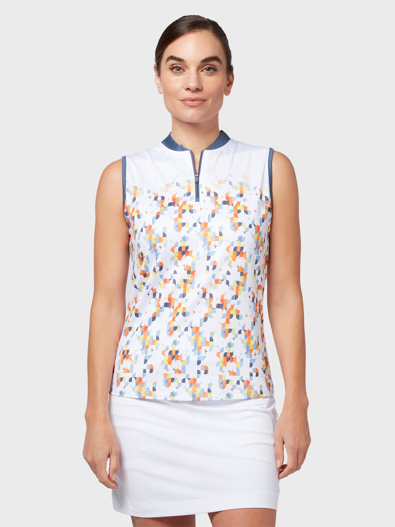 View Engineered Fading Shift Geo Printed Womens Top In Brilliant White information