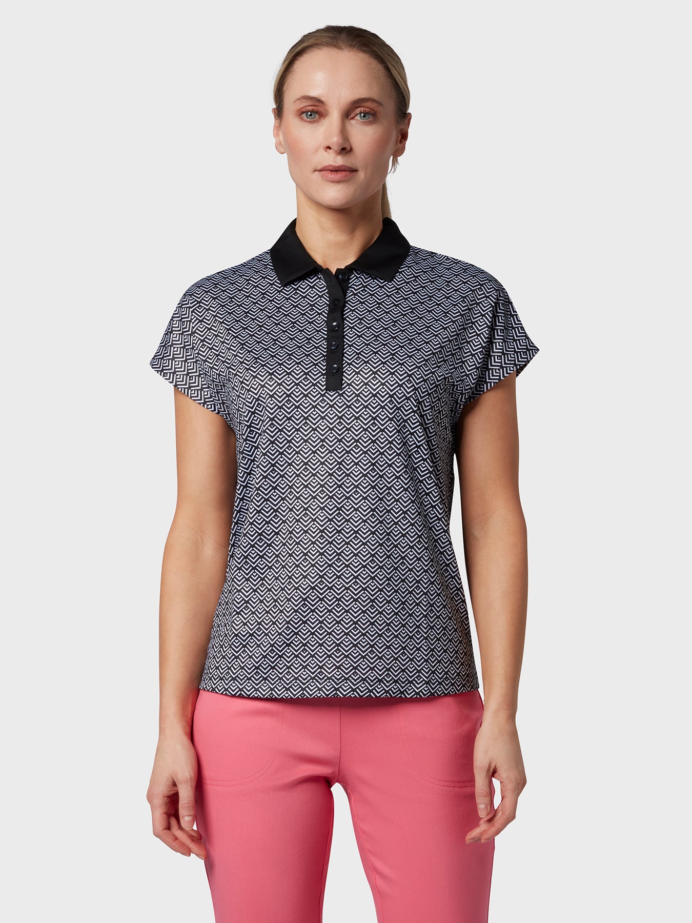 View Chev Geo Printed Womens Polo In Caviar Caviar XL information