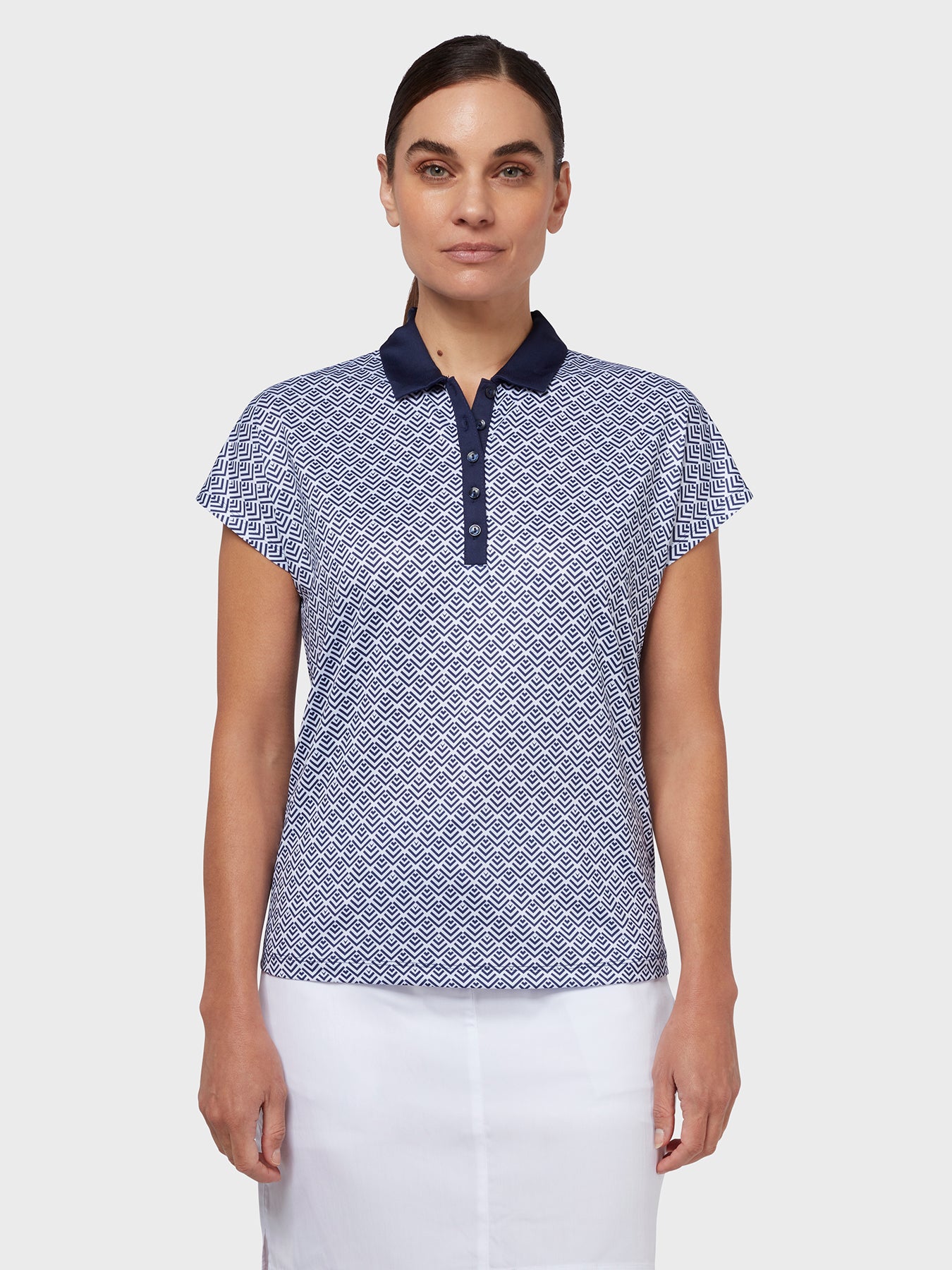 View Chev Printed Womens Polo In Blue Geo Brilliant White XS information