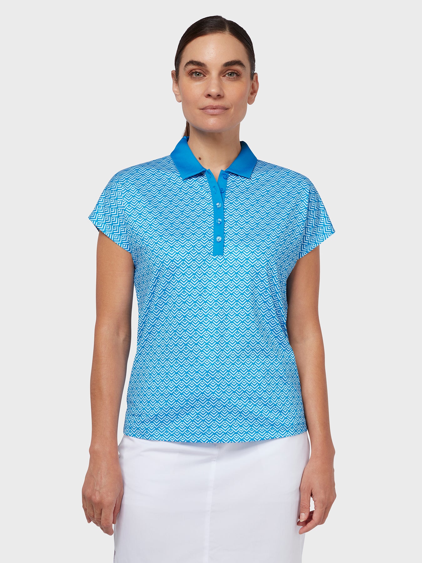 View Chev Geo Printed Womens Polo In Blue Sea Star information