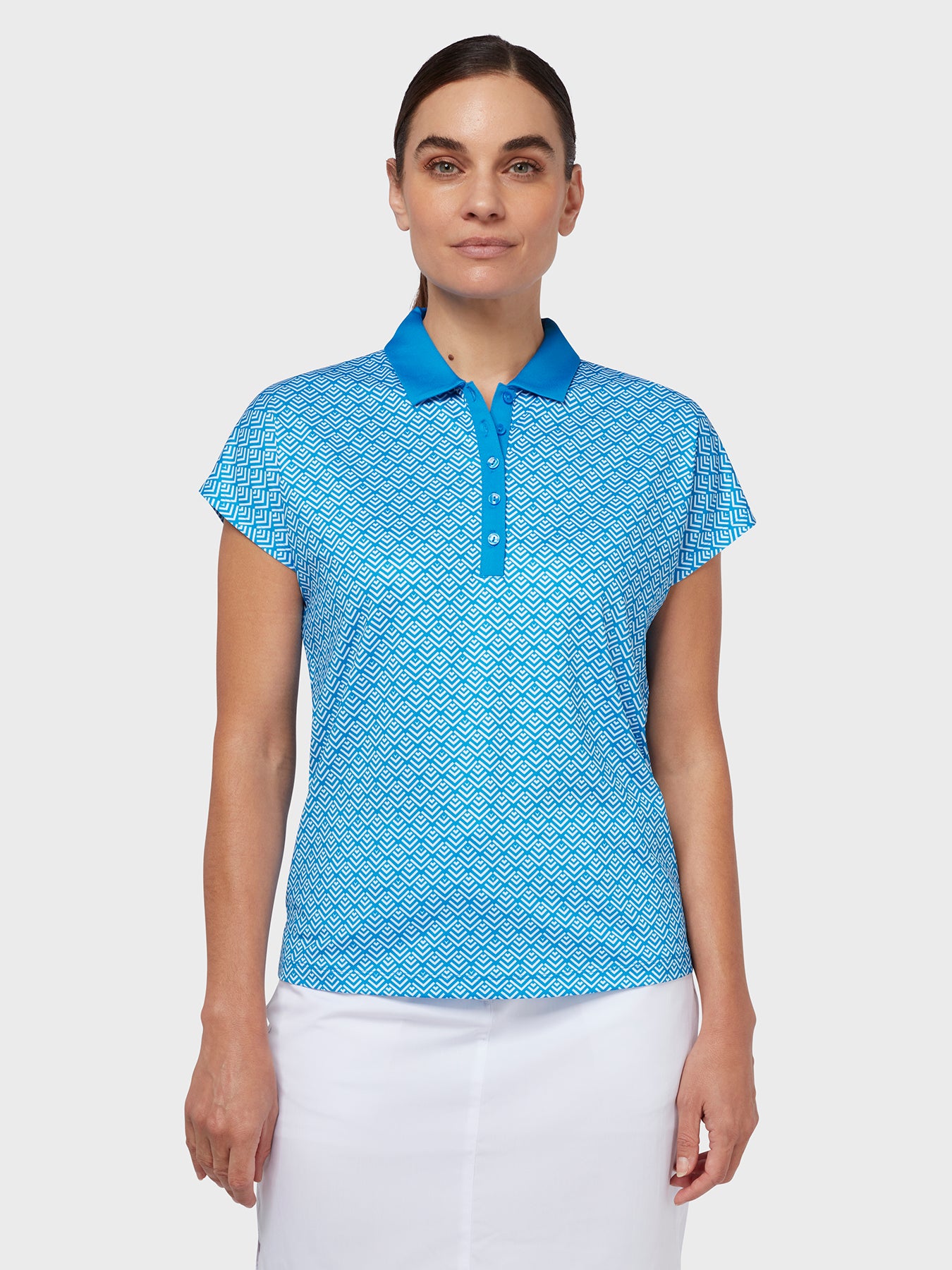 View Chev Geo Printed Womens Polo In Blue Sea Star Blue Sea Star XL information