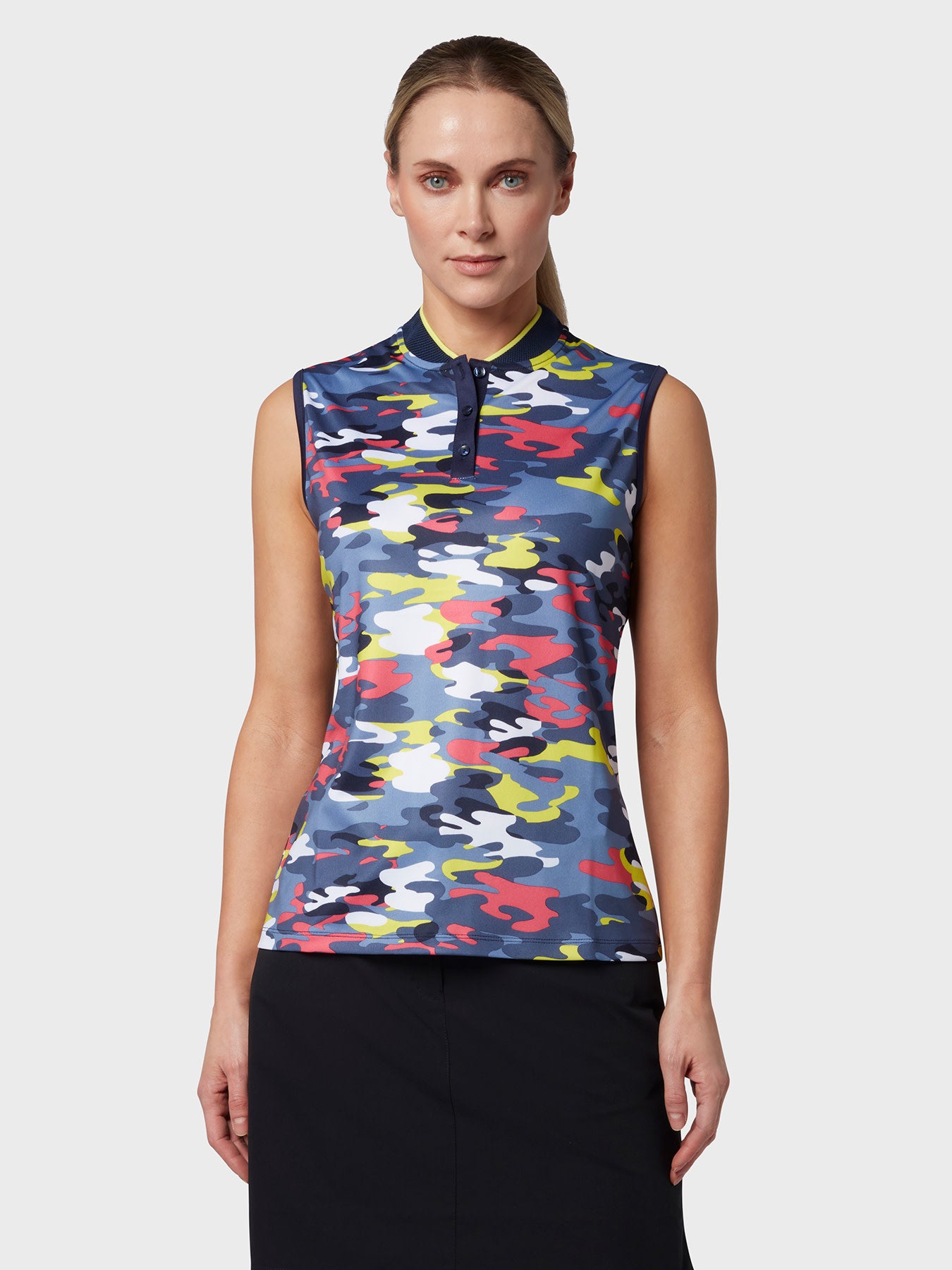View Sleeveless Camo Print Womens Polo Top In Peacoat information