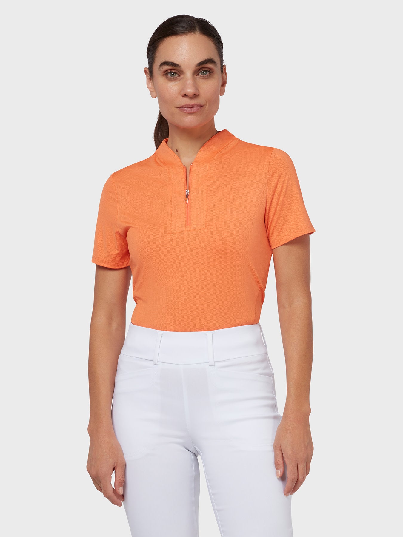 View Tonal Texture Heather Polo Top In Nectarine Heather Nectarine Htr XS information