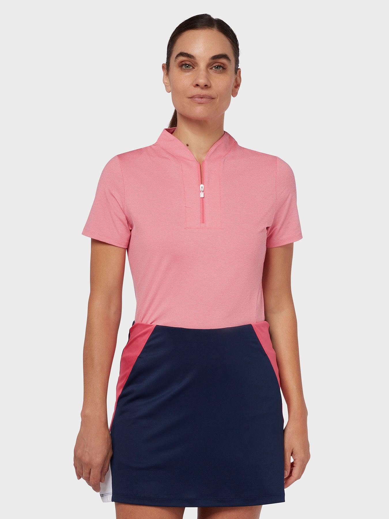 View Tonal Texture Heather Polo Top In Fruit Dove Heather Fruit Dove Htr XS information