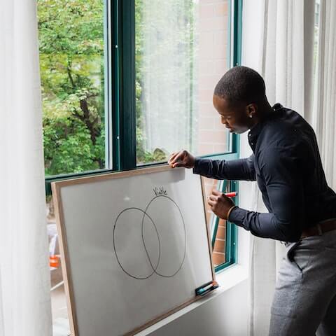 Creative man making a vision board using a whiteboard