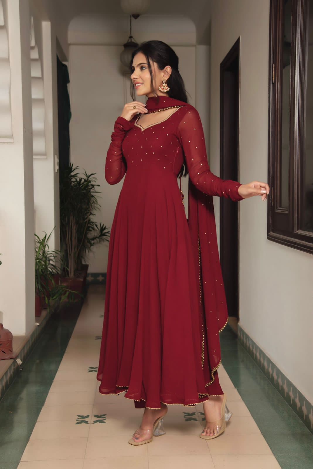 Adorable Look Red Color Anarkali Gown with Organza Dupatta -