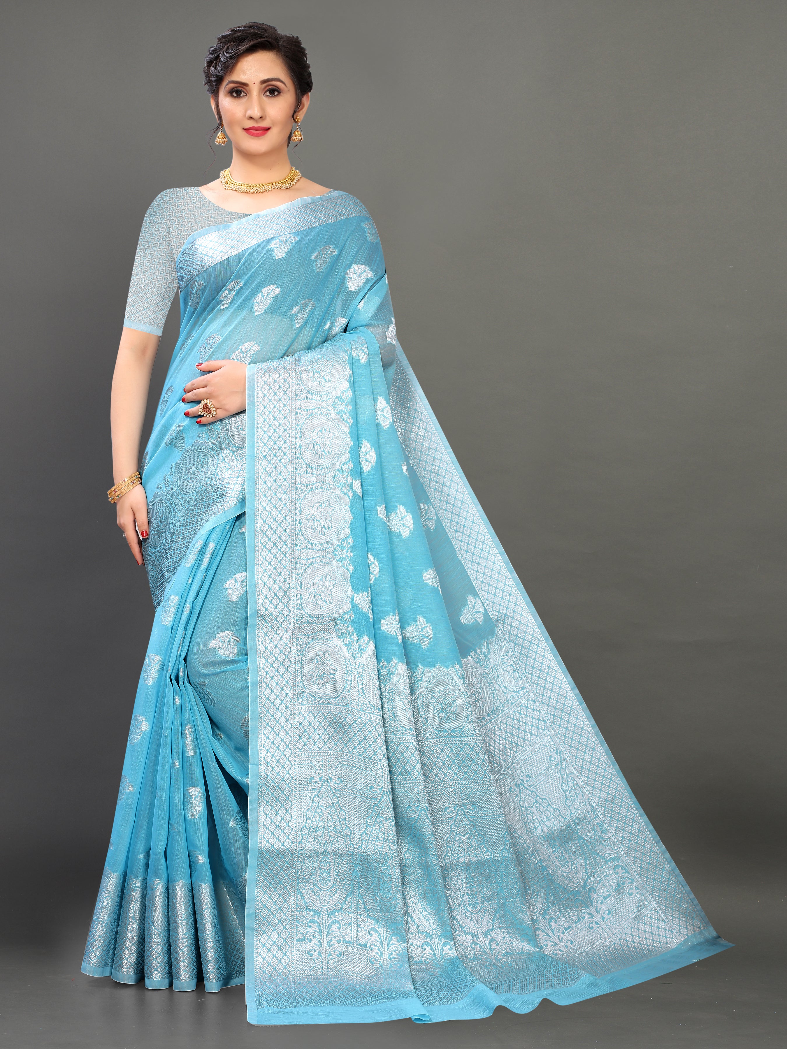 Sky-Blue Bridal Woven Banarasi Silk Saree With Blouse