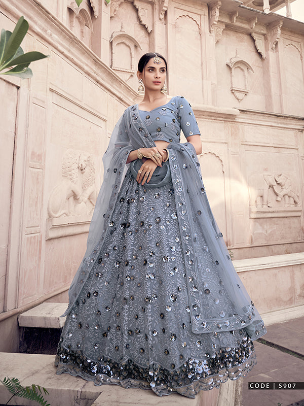 Grey Embroidered Netted Lehenga Choli