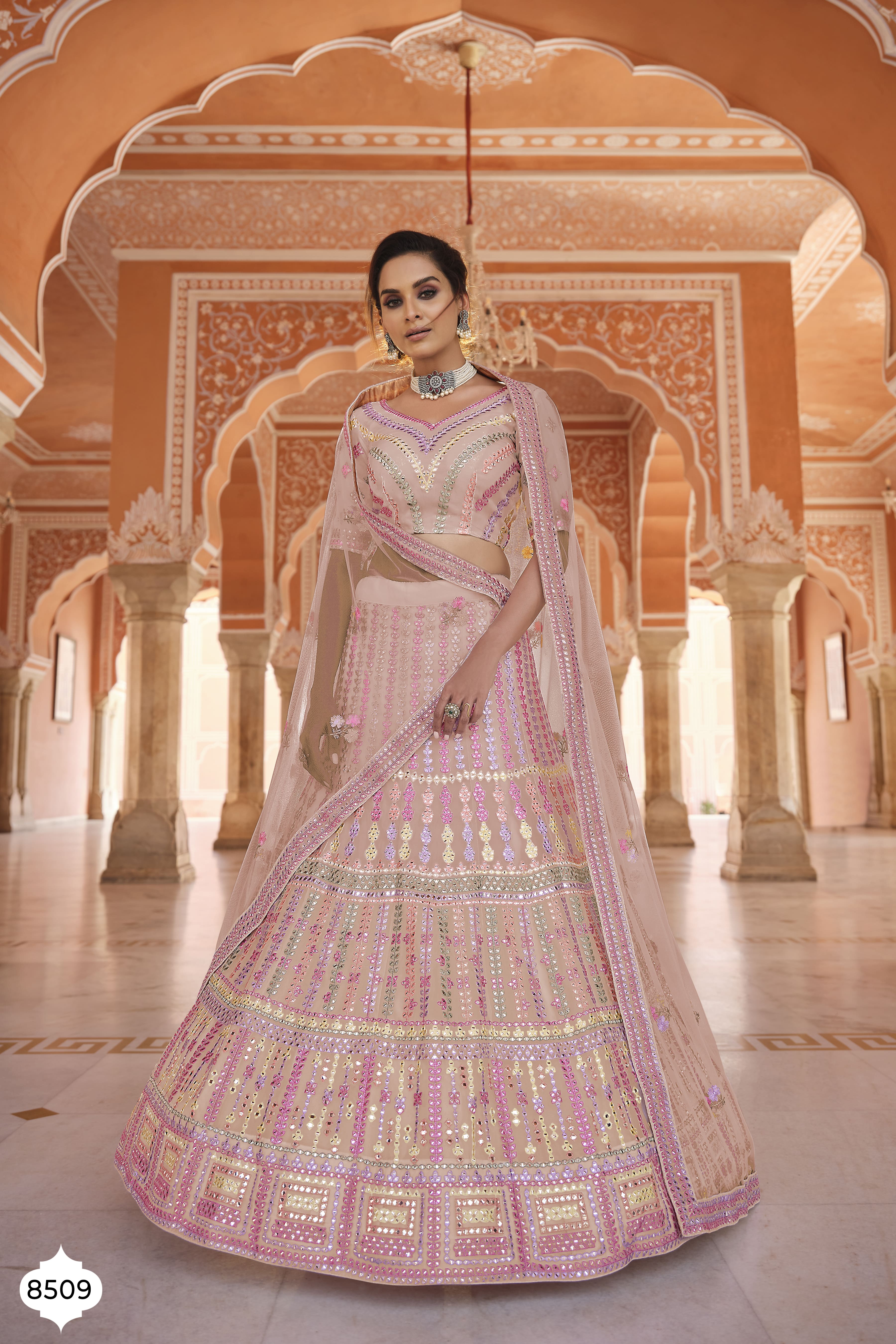 Light Pink Mirror Work Lehenga Set | DIGNUM