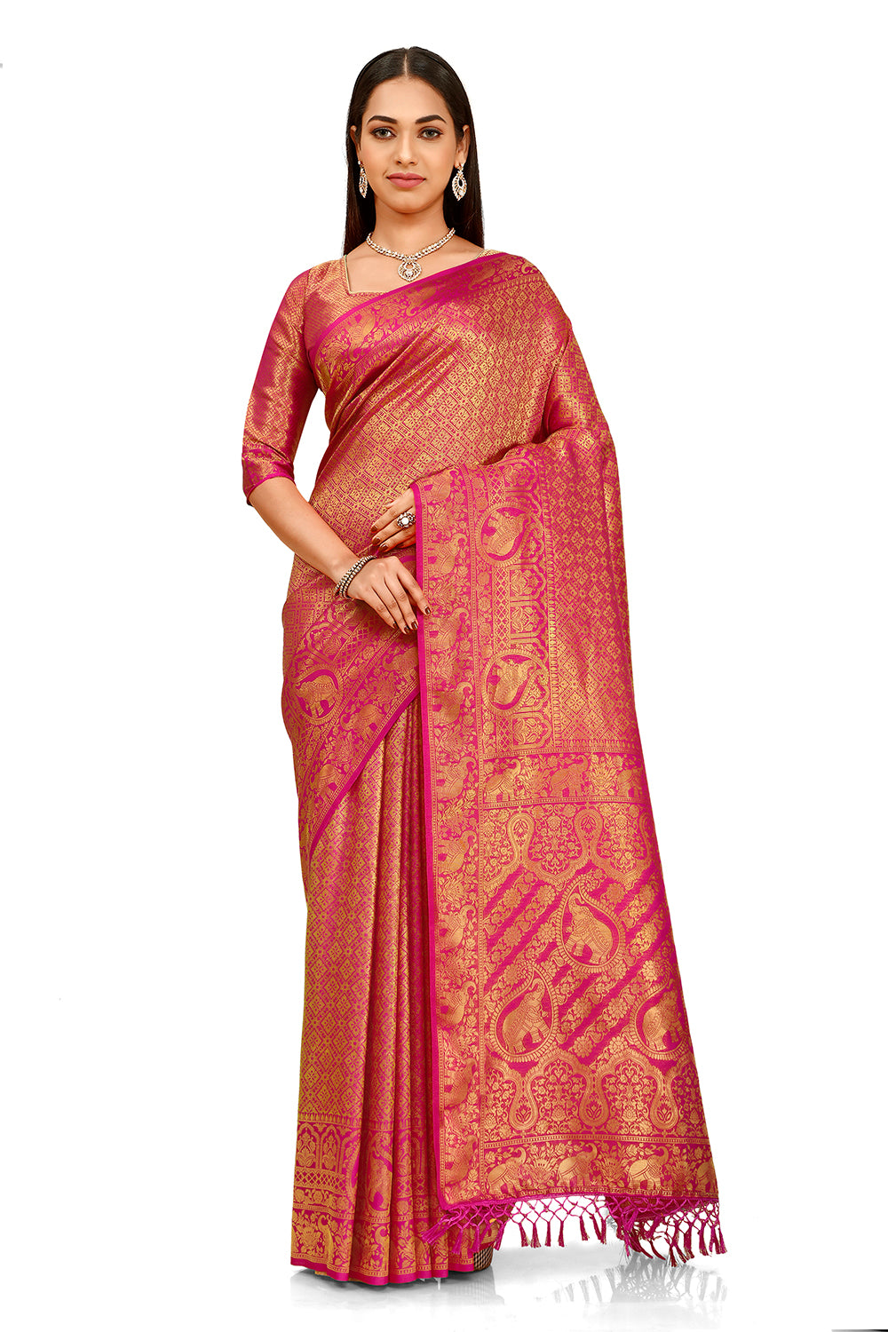 Buy Party Wear Hot Pink Colour Banarasi Silk Mirror work Festival Saree  Online In India At Discounted Prices