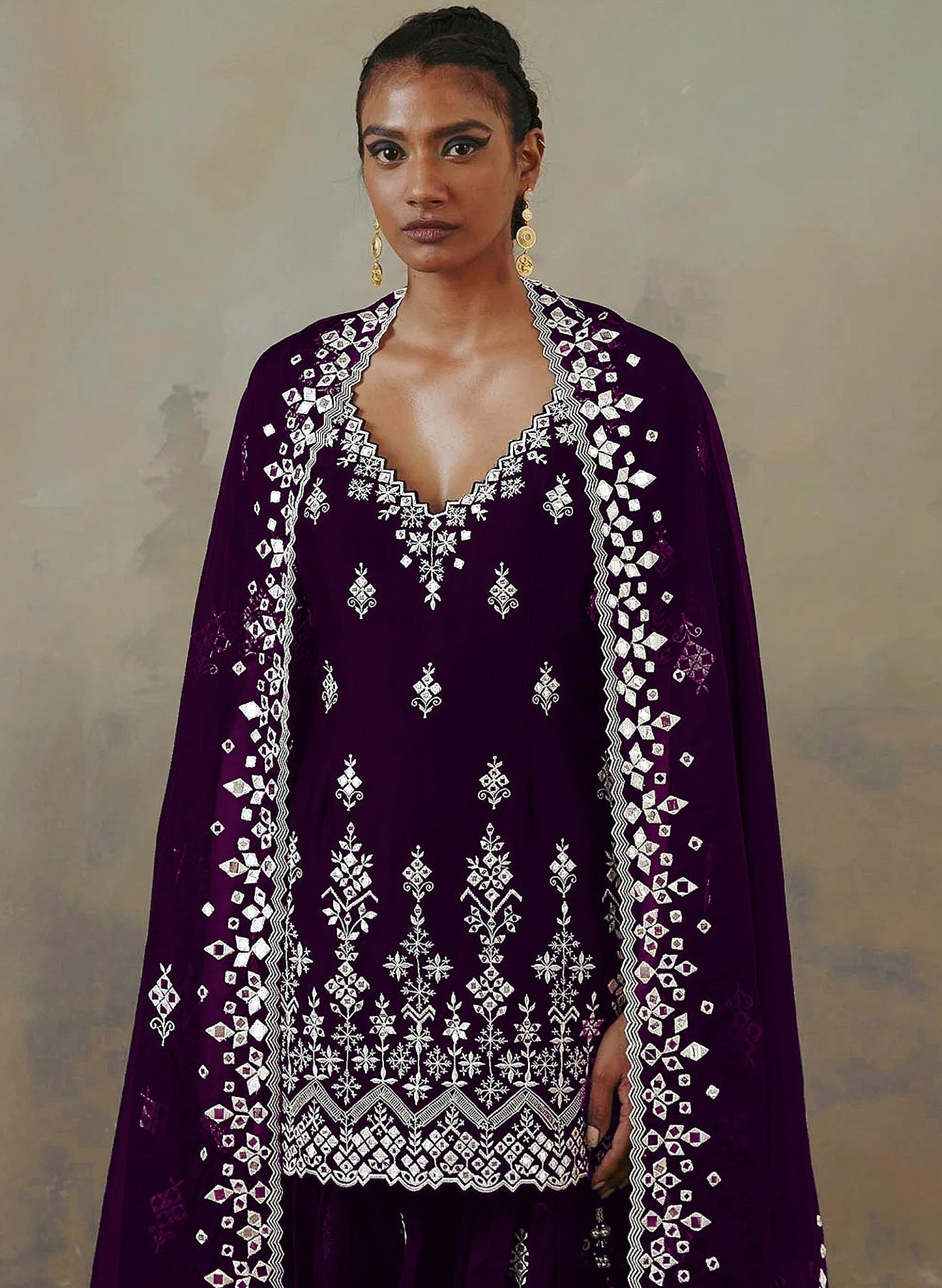 Purple Color Faux Georgette With Cotton Mirror Work Sharara Salwar suit