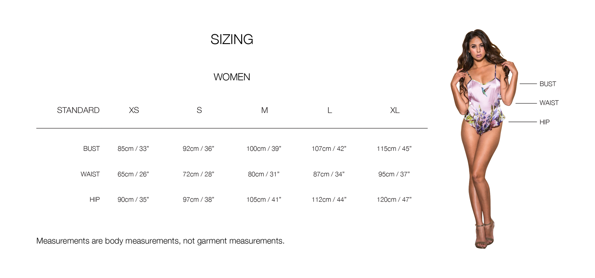 Women size chart - Pellein guide to body measurements