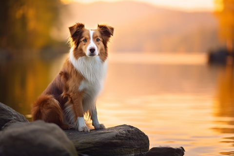 a serene dog sitting by a lake