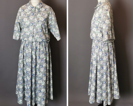 Vintage Louis Feraud cotton skirt suit, pussy bow blouse, floral