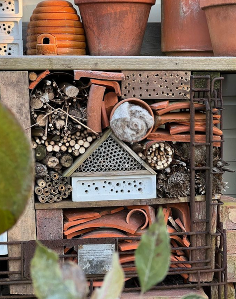 a bug hotel created out of old broken pots, stick and wool stacked to attract wildlife