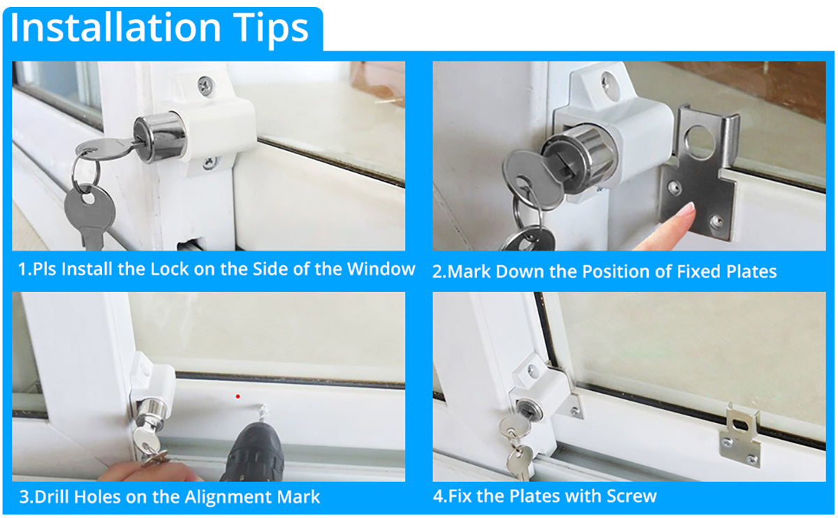 *2 Way Installation*-----: These Sliding Patio Door Locks Items With 2 Metal Plugs and 2 Punch-Free Metal Mounting Plates, One is Punching Installation(Hole Caps are Provided) and the Other is Non-Punching Installation(Fixed Plates are also Provided)  * Suggested Placement*-----: Please Fit the Sliding Patio Lock Top and Bottom of Your Door or Window for Maximum Security.  Installation Tips