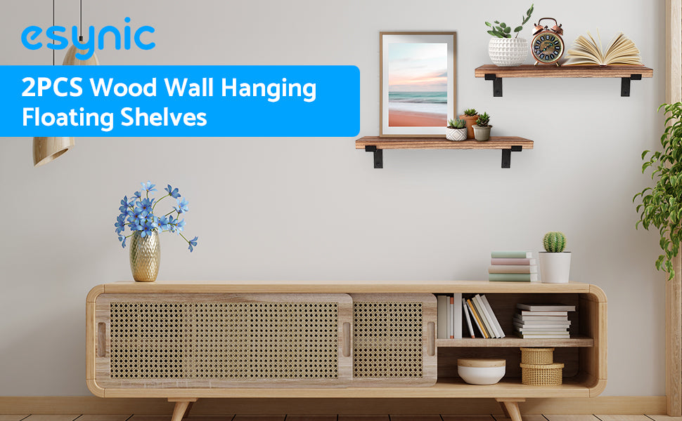 eSynic 2 PCS Wall-Mounted Floating Shelves Rustic Wood