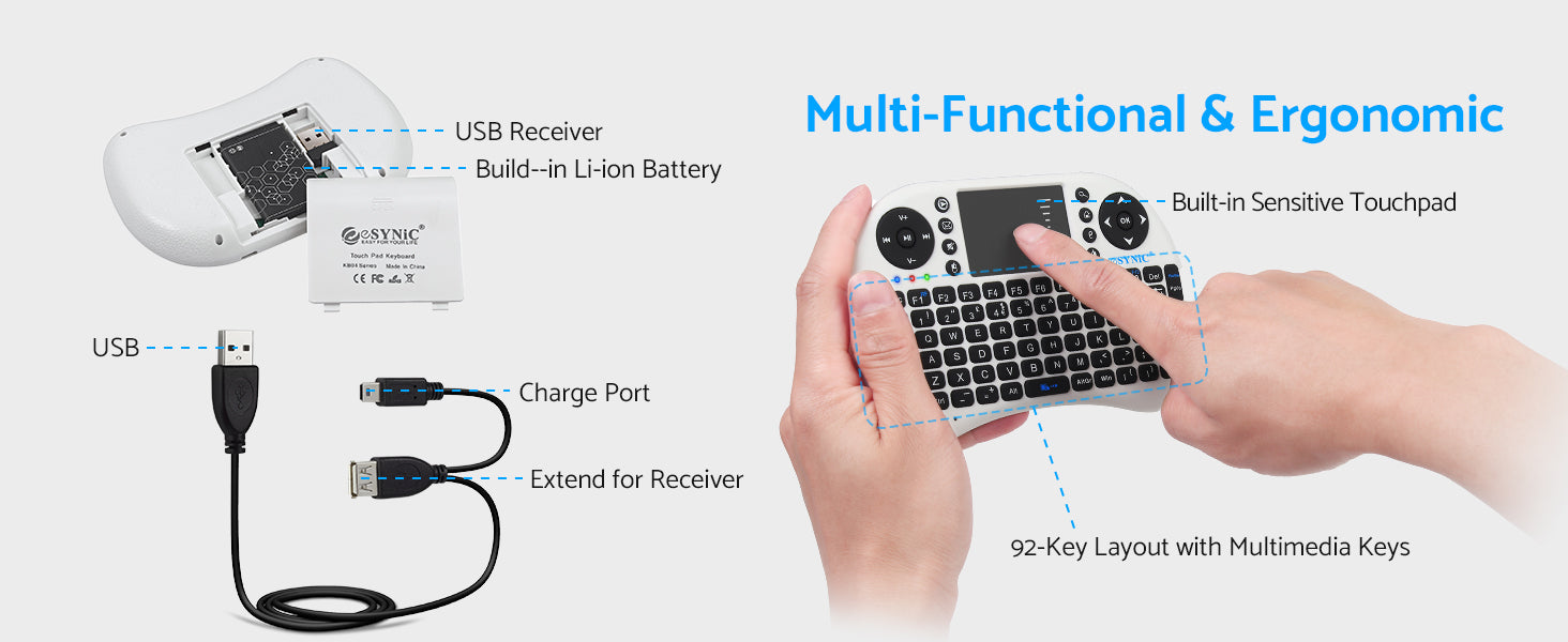 eSynic Mini Wireless Keyboard 2.4G Mini Wireless XBMC Keyboard Touchpad Mouse Combo Multi-media Portable Handheld Android Keyboard Rechargeable for PC Google Android Smart TV Tivo Box Raspberry PI PS4 etc
