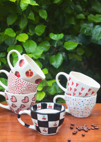 Set of 6 Heart & Polka Mugs (for the price of 5) with premium quality