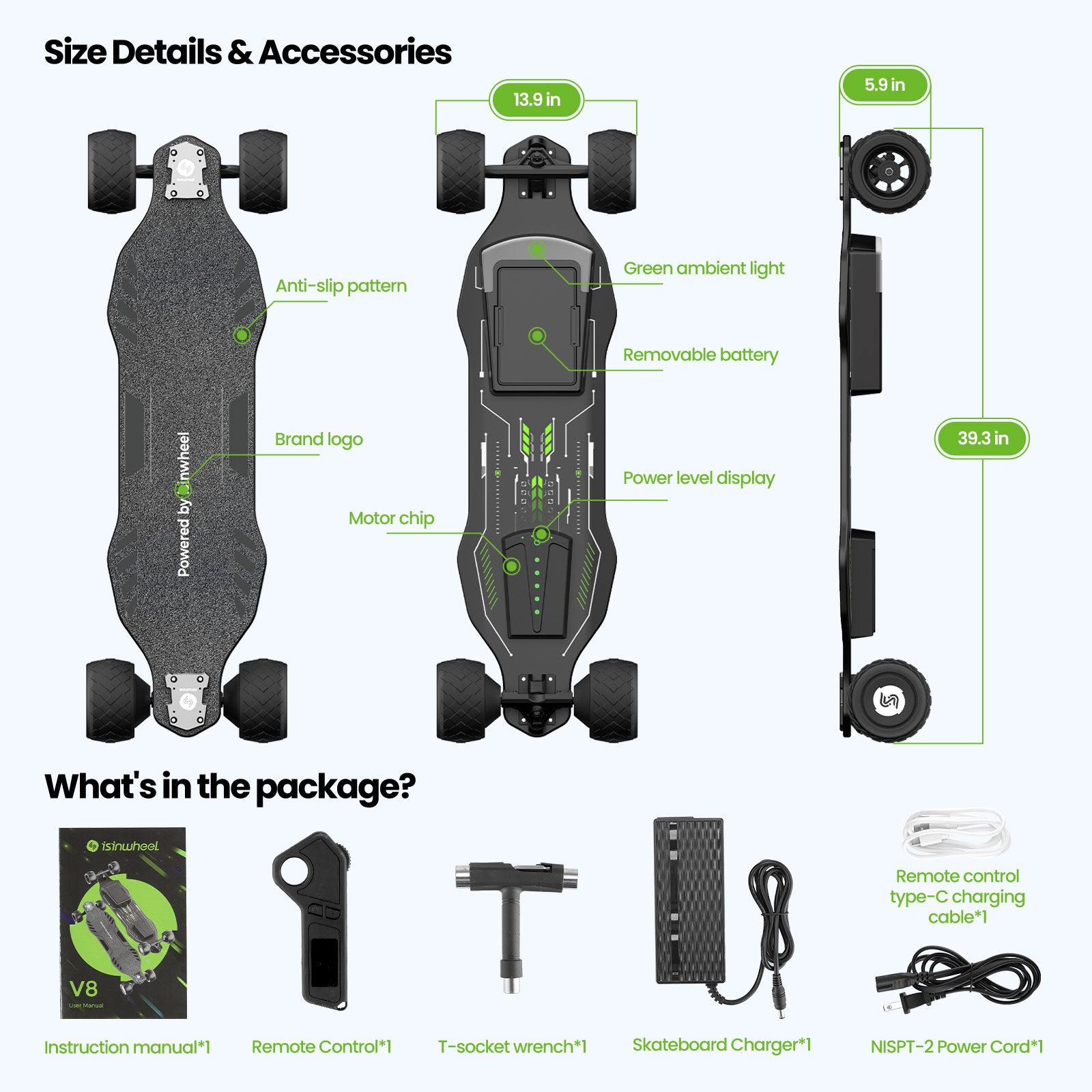 Isinwheel V8 Electric Skateboard with Portable Removable Battery Rem