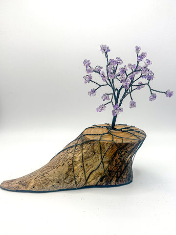 Amethyst crystal bonsai tree on unique wood base crafted by The Twisted Woodland in Central Texas.