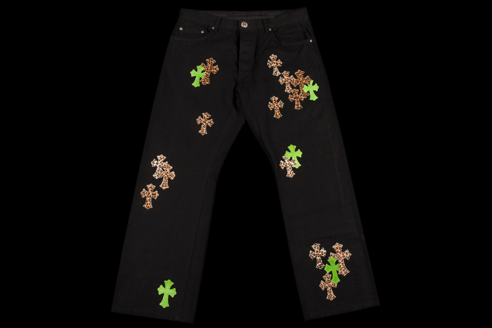 CHROME HEARTS GREEN AND LEOPARD CROSS PATCH JEANS