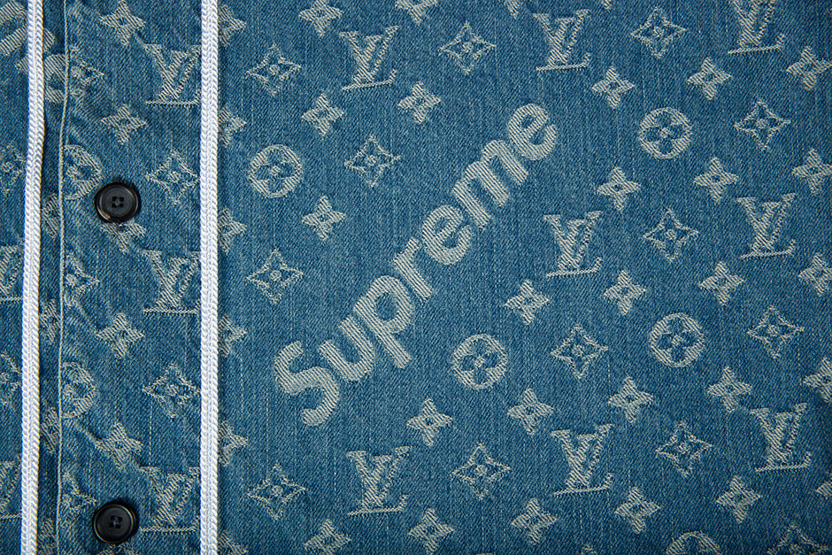 LOUIS VUITTON X SUPREME JACQUARD DENIM BASEBALL JERSEY