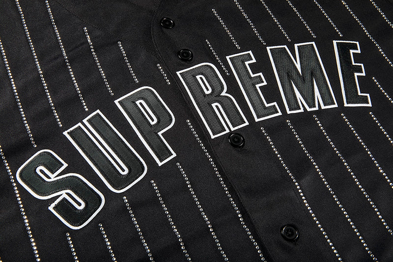 Supreme Rhinestone Stripe Baseball Jersey White