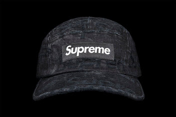 SUPREME FRAYED LOGOS DENIM CAMP CAP