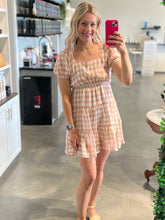 Load image into Gallery viewer, Blush Pink Gingham Mini Dress with Tie on Back
