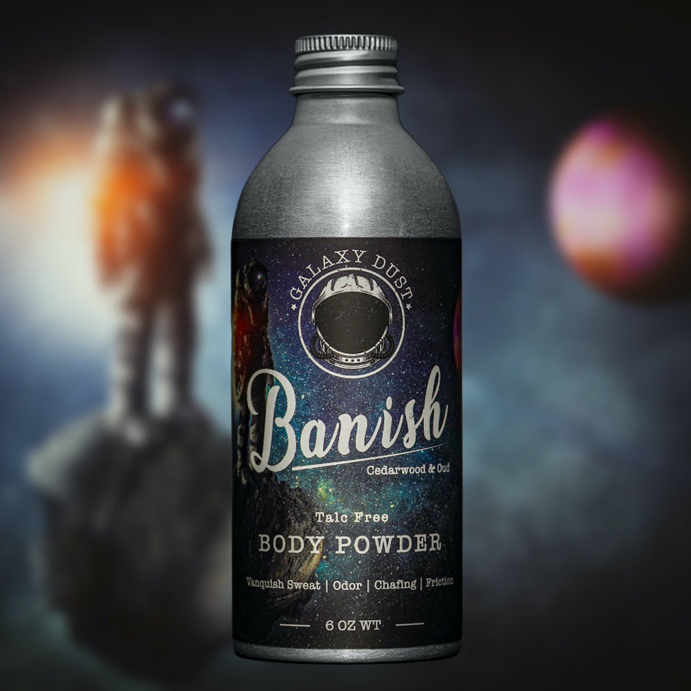 A bottle of Banish body powder for men