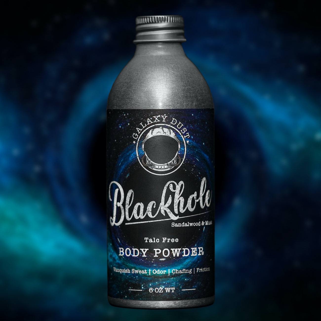 A bottle of Blackhole body powder for men