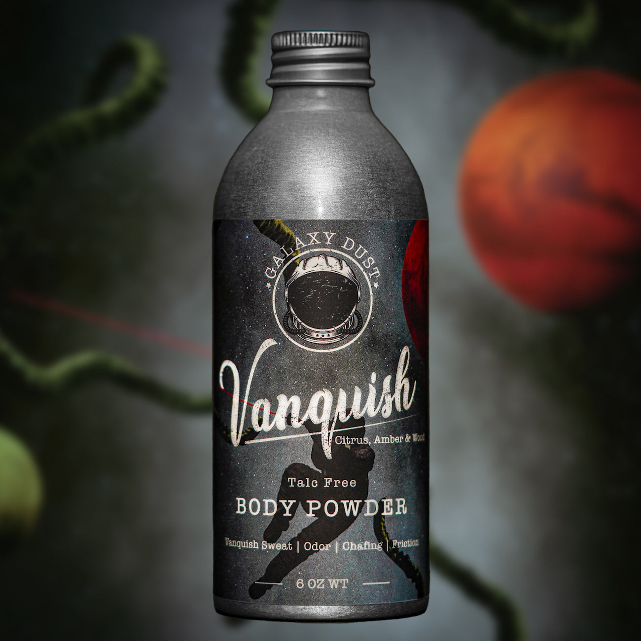 A bottle of Vanquish body powder for men