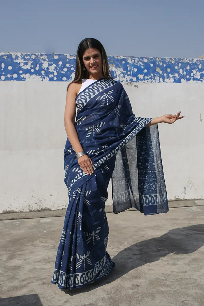 Indigo Bouquet - Dabu Hand Block Print Mulmul Cotton Bagru Saree