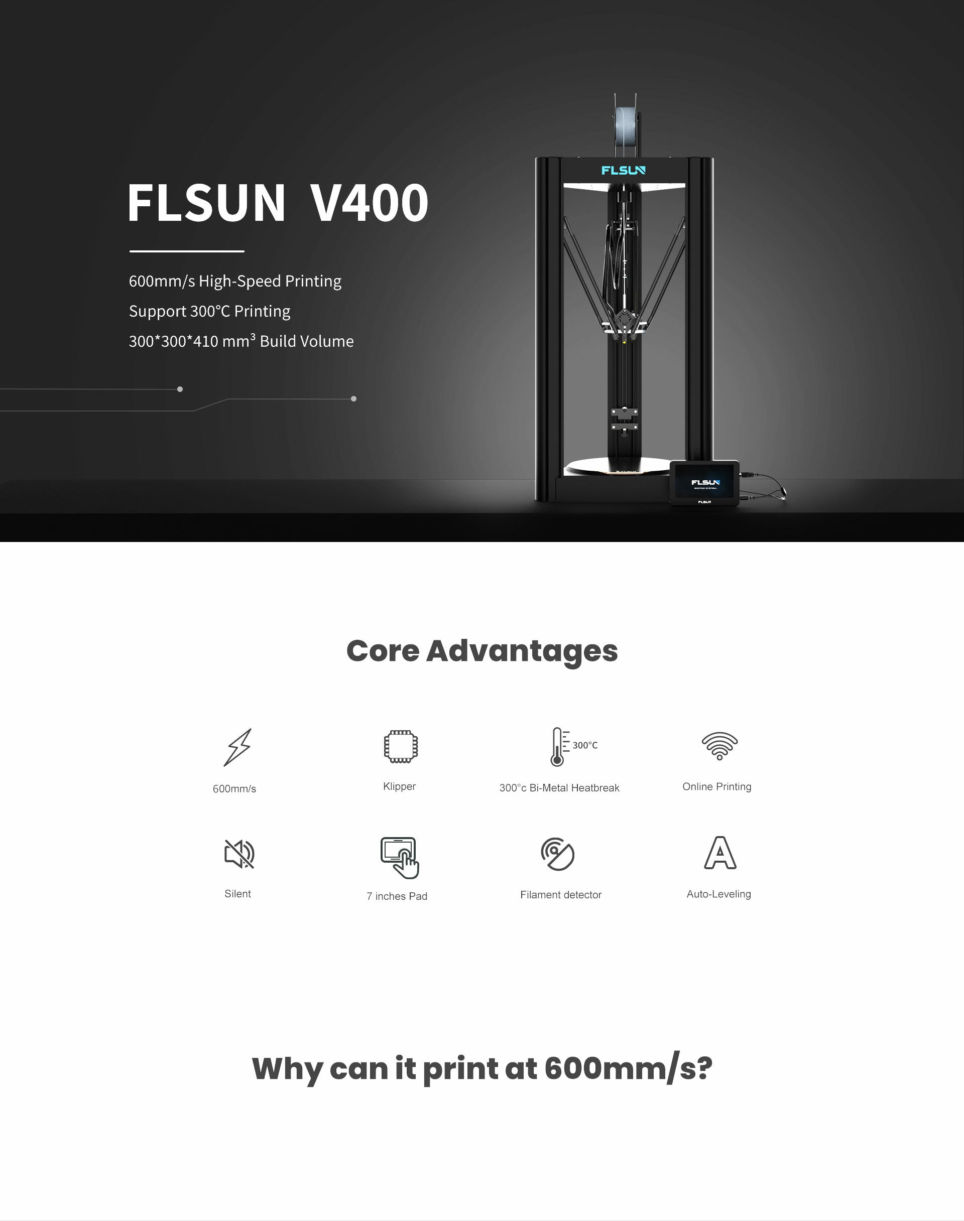 FLSUN V400 3D Printer Upgrade Moving Speed 600 mm/s Printing Max Speed  20000+mm/s² with Direct Drive Extruder 300℃ Nozzle High Speed Printing 3D