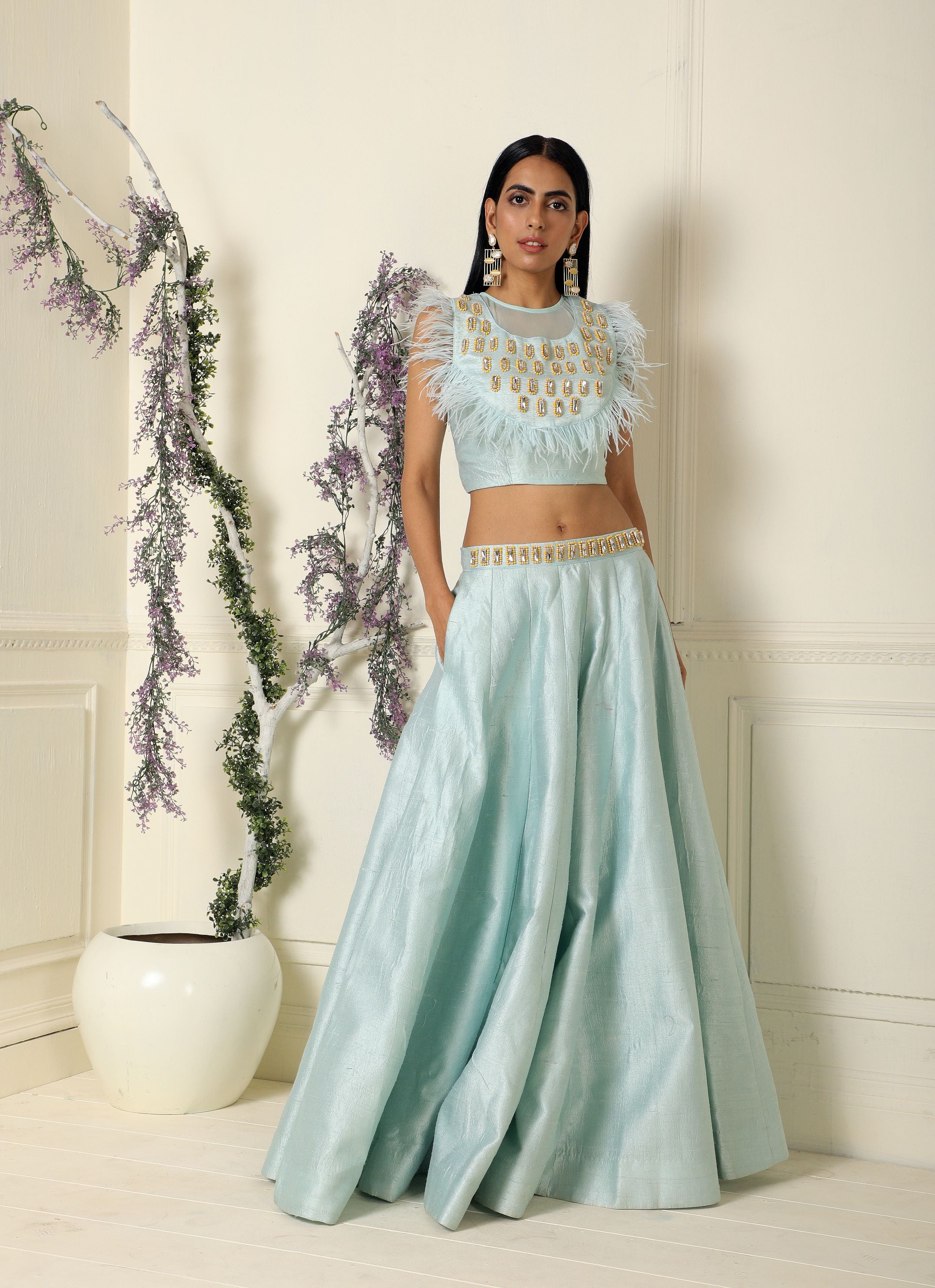 Buy Silver Tulle Embroidered Zari V Neck Bridal Lehenga Set For Women by  Nitika Gujral Online at Aza Fashions.