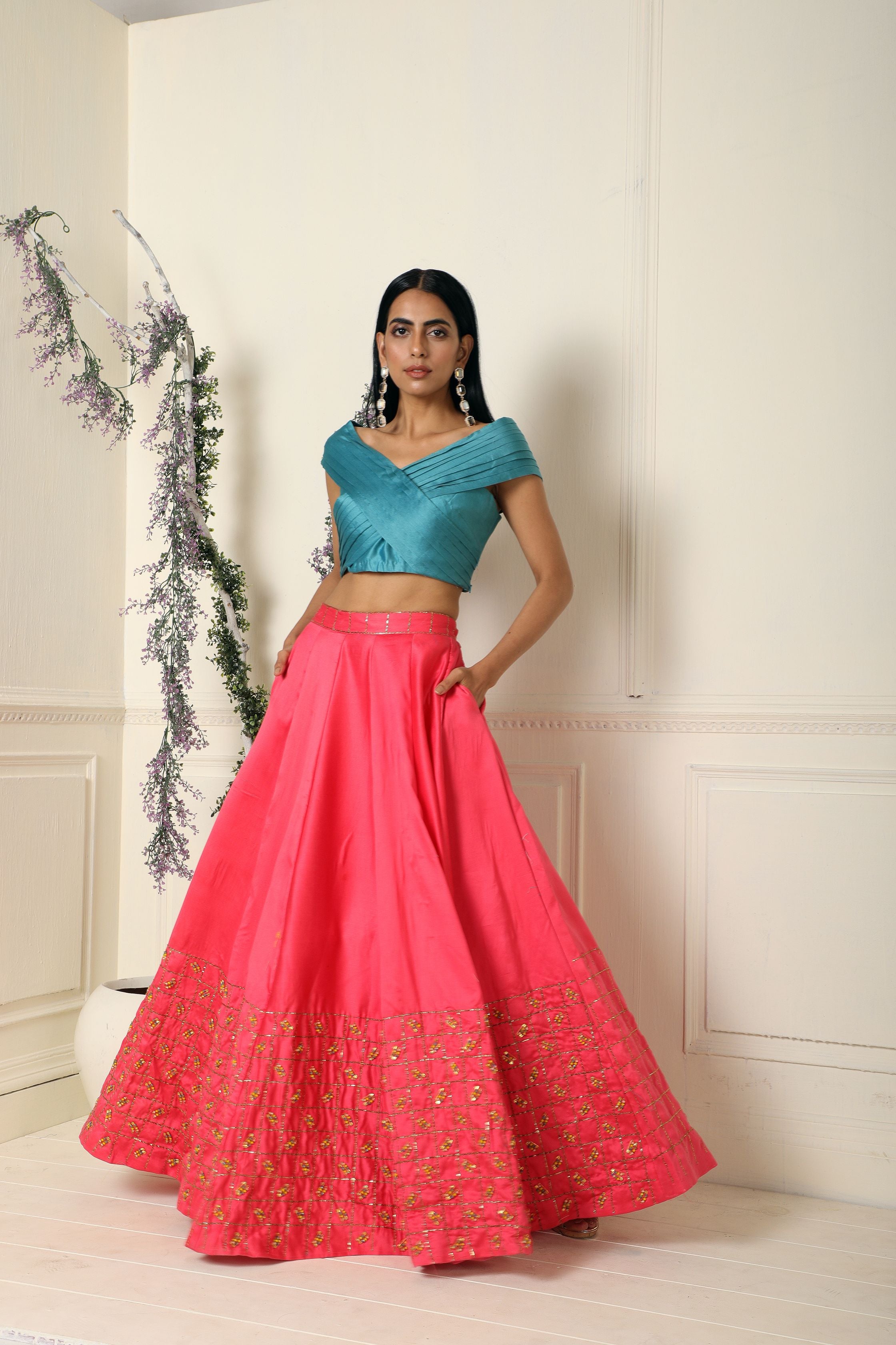 Deep Pink Silk Lehenga with Embroidery Work - Urban Womania