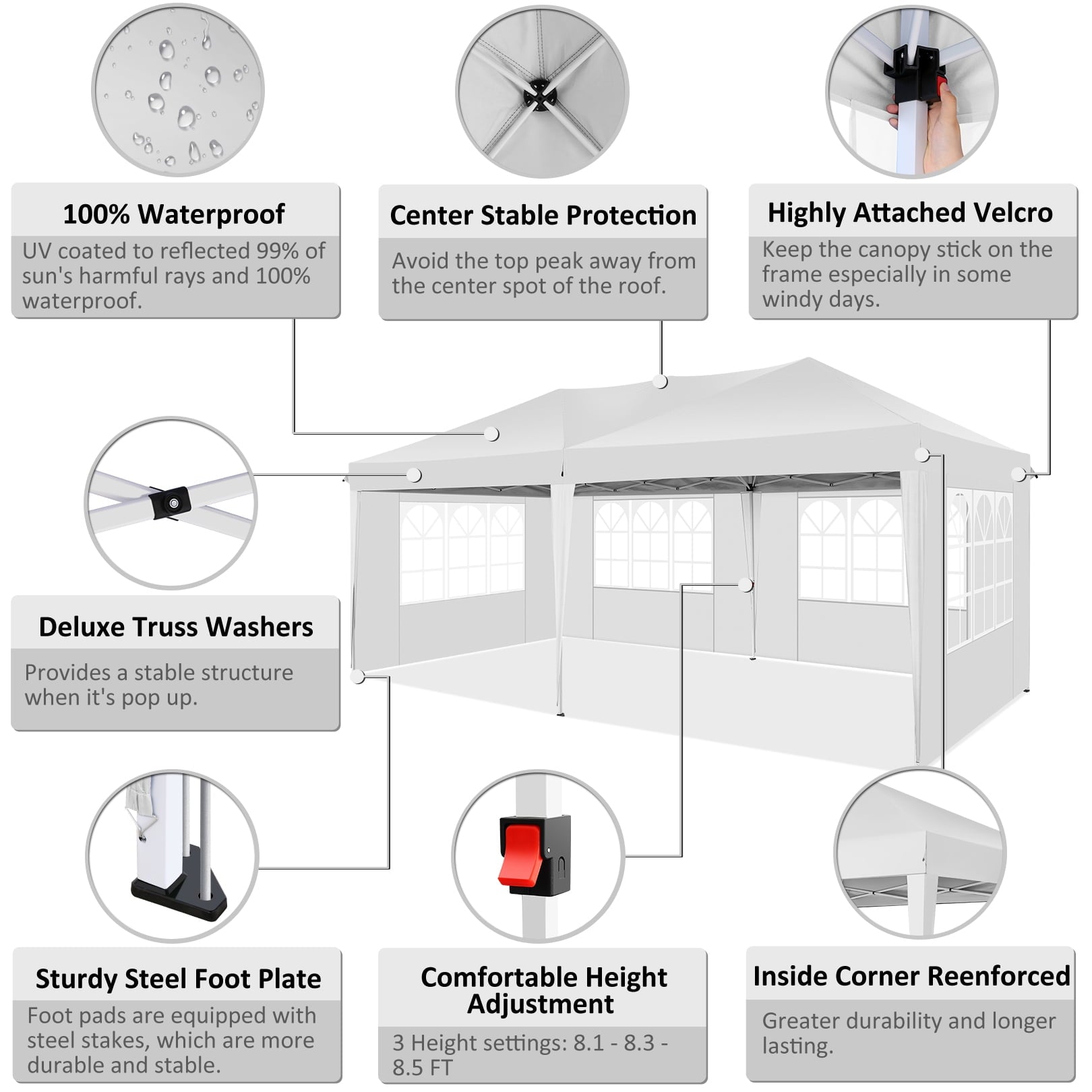 10' x 20' Pop up Canopy Instant Heavy Duty Tent Outdoor Market Canopy with 6 Removable Sidewalls and Carry Bag, White